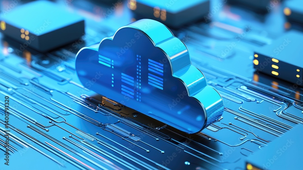 Aufkleber blue 3d cloud icon integrated into a futuristic circuit board, representing cloud computing, data pr