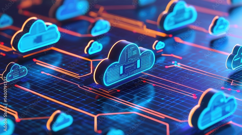 Aufkleber Futuristic 3D cloud icons connected on a glowing digital grid, symbolizing cloud networking, data flow, and modern infrastructure for tech presentations and digital platforms