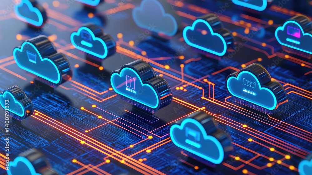 Poster Glowing 3D cloud icons linked by neon circuits over a digital grid, symbolizing cloud computing, data flow, and smart technology—ideal for IT, SaaS, and digital transformation visuals