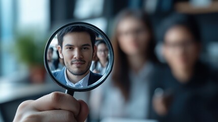 Fototapeta premium Magnifying Glass Focusing on a Job Applicant Amidst a Blurred Crowd of Interviewers