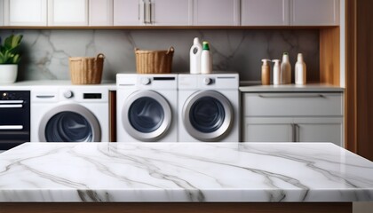 an empty white marble table in a modern laundry room interior with a washing machine and dryer in the background