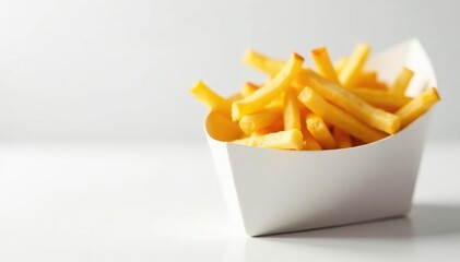 Crispy fries in a paper boat on white backdrop, dish, golden, background
