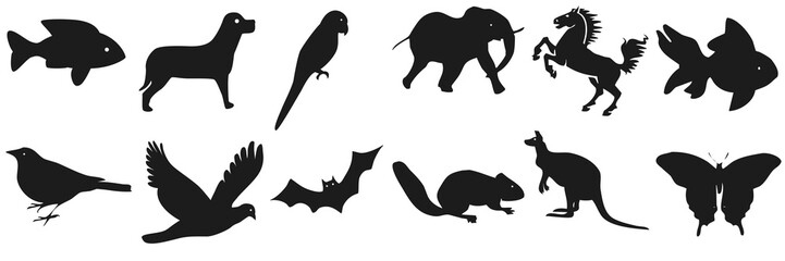 Silhouettes of Various Animals and Insects: Dog, Parrot, Elephant, Horse, Butterfly, Fish, Bird, Bat, Squirrel, Kangaroo - Nature Wildlife Vector Illustration