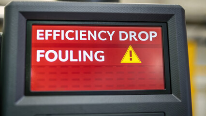 Warning sign indicating efficiency drop due to fouling in boiler maintenance, highlighting importance of regular checks in pipes
