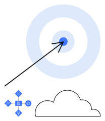 Arrow aiming at bullseye over cloud icon and process elements. Ideal for success, focus, strategy, growth, innovation, data management, and planning. Flat simple metaphor