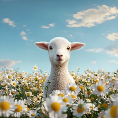 Fototapeta premium A fluffy lamb smiles amidst a field of daisies under a bright blue sky, creating a serene and cheerful scene of nature.