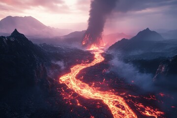 Fototapeta premium Molten lava flows from a volcanic fissure, illuminating the surrounding terrain with a fiery glow and plumes of smoke against a dramatic horizon.