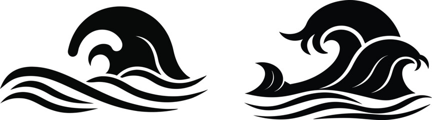 Obraz premium Water waves silhouette icon set on white background, and white tattoo.