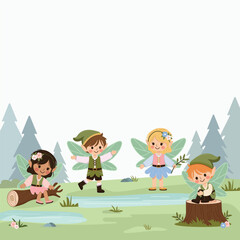 Cute fairy boys and girls with wings playing in the forest and lake. Flora and Fauna. Poster, Banner, Flyer, Greeting Card. Vector illustration in flat cartoon style