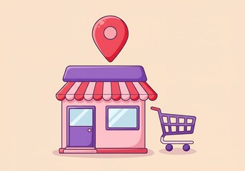 Fototapeta premium Cute Cartoon Shop Location with Shopping Cart