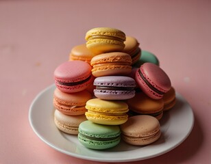 Macaroons on a pink plate on a white background