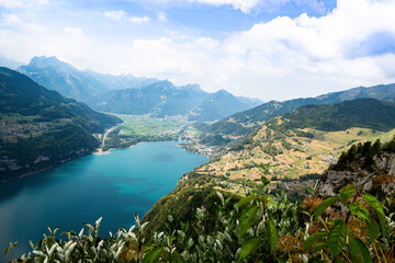 Beautiful view over the Walensee near Amden in Switzerland from a vantage point on a sunny summer's day.