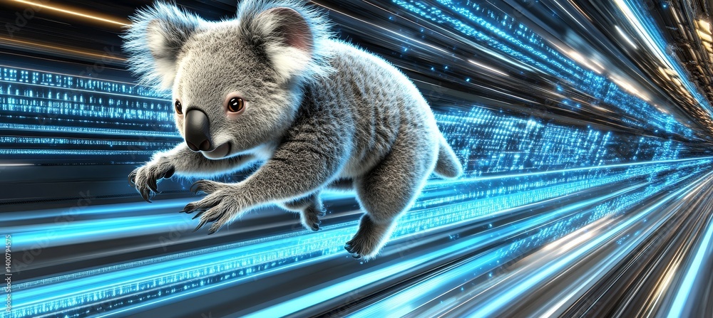 Wall mural holographic koala explores data streams symbolizing velocity and innovation in technology