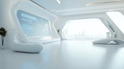 Futuristic White Interior Design: Modern Lounge with City View