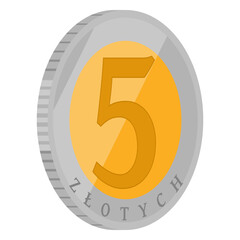 5 zloty coin pln polish currency Poland 3d cartoon money 30 degree angle illustration on transparent background