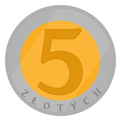 5 zloty coin pln polish currency Poland cartoon money flat illustration on transparent background