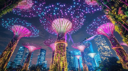 Night Illumination of Supertrees at Gardens by the Bay, Singapore