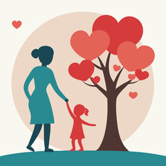 Minimalist mother child scene with heart symbols.