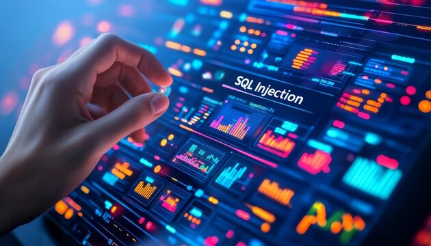 Cybersecurity Threats Businessman Analyzing Holographic Interface with SQL Injection Warning.