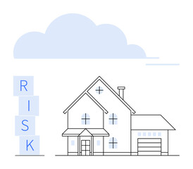 Fototapeta premium House with garage beside stacked RISK blocks under a cloud. Ideal for insurance, risk management, property safety, home security, decision-making, real estate planning, abstract line flat metaphor