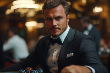 Man in suit playing poker with intense expression, surrounded by cards and chips in a dimly lit room, focusing on his hand.