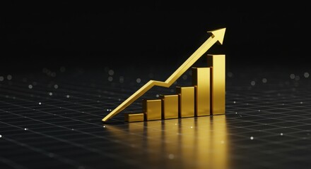 A sleek gold bar chart rising on a matte black background with a futuristic digital grid overlay
