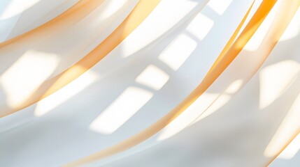 Sunlight streams through sheer curtains creating soft light and shadow patterns on flowing fabric.