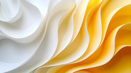 Abstract swirling paper background in white and yellow gradient hues creating a dynamic texture.