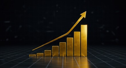 A sleek gold bar chart rising on a matte black background with a futuristic digital grid overlay