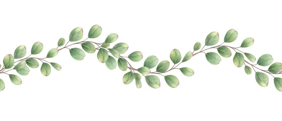 Horizontal seamless banner with hand painted eucalyptus branches in watercolor. Floral garland isolated background. For essential oil labels, diffuser packaging, or spa relaxation guide, fitness app © Masha_tolk_art