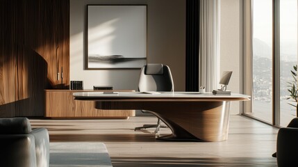 A sleek, modern workspace with a large desk, minimalist decor, and soft natural lighting.