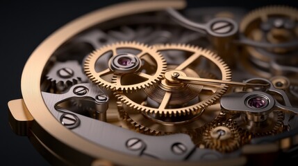Showcase of ornamental clock gears mechanical craftsmanship in watchmaking close-up view timeless clockwork art