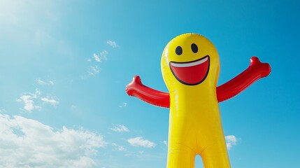 Giant inflatable smiley with open arms celebrating under blue sky