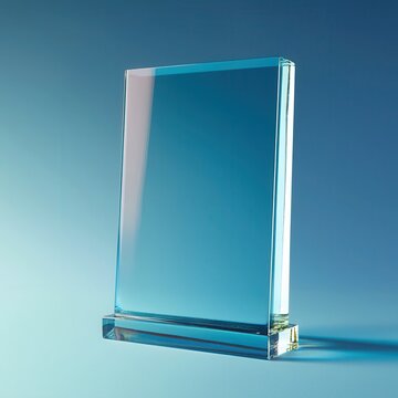 create a very modern glass award that sits on the left of the background and a liht blue background using this hex code #6ec1e4.