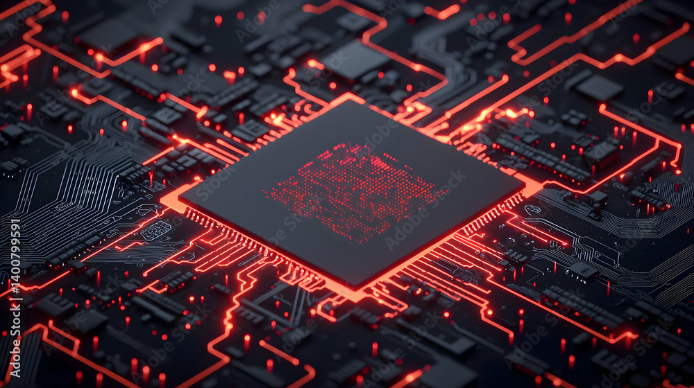 Poster closeup view of glowing circuit board with processor