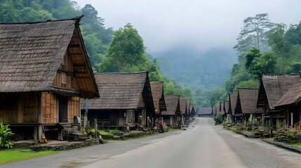 Obraz premium Rural Village With Traditional Thatched Roof Houses Along Gray Road Surrounded By Dense Green Forest in Sunny Day