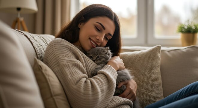 young woman at home on the couch petting a kitten