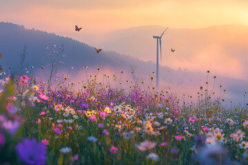 Butterflies flutter above a blooming wildflower meadow at sunset, with a wind turbine in the background, evoking themes of nature, harmony, and sustainable energy.