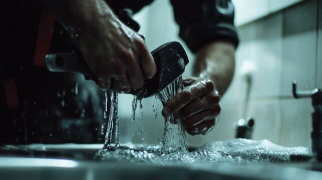 Plumber repairing a burst pipe in a bathroom. Featuring expertise and urgency