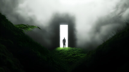 A shadowy figure standing in front of an ancient doorway, with the air thick with mystery and whispers.

