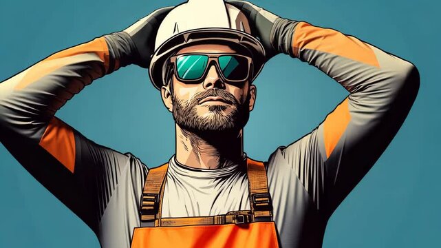 Smiling Worker in Safety Helmet and Sunglasses Vector Illustration