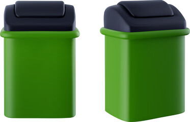 Green garbage basket in 3d realistic glossy soft style. Cartoon vector illustrator.