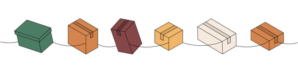 Fototapeta premium Present boxes one line colored continuous drawing. Cardboard boxes. Vector illustration.