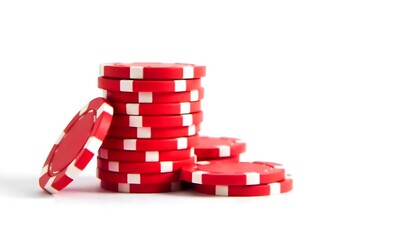 Stack of red poker casino chips isolated on white. Gamble, gaming, casino, poker concept created with generative ai