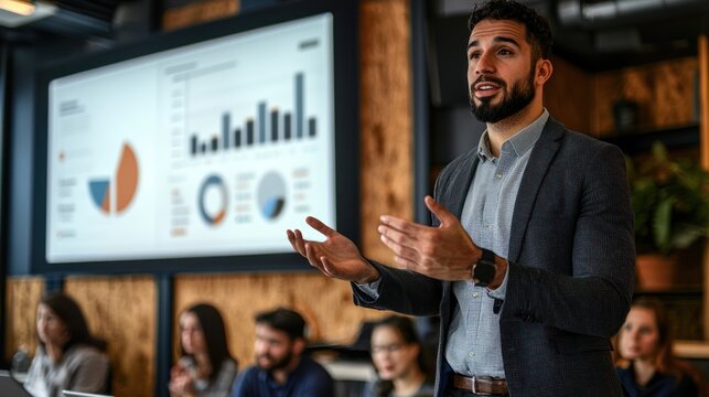 An entrepreneur presenting a pitch deck with floating digital charts.