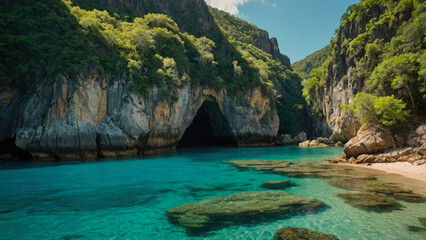 hidden tropical cove with crystal clear water and cave