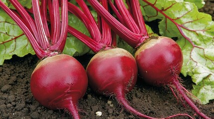 Three red beets are sitting on the ground next to some green leaves
