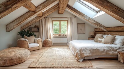 Rustic Attic Bedroom with Exposed Beams and Natural Light