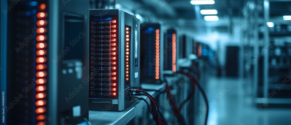 Poster a close-up view of modern data servers lined up in a high-tech facility. red indicator lights glow, 