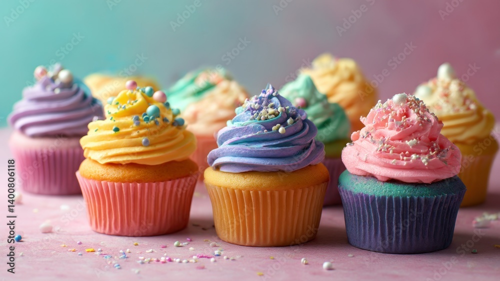 Wall mural a vibrant array of colorful cupcakes with creamy frosting and sprinkles.